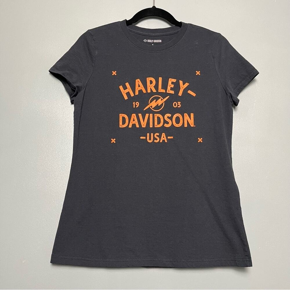Harley-Davidson Women’s Fitted Spell Out T Shirt Faded Black Orange Size M